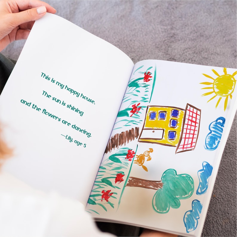 Child flipping through their own artwork in a personalized printed storybook. This one-of-a-kind kids art portfolio is the perfect way to honor their growing talent. Each book is custom-designed with love, using premium coated paper and vibrant print technology, certified for HP Indigo. Available in A5 and A4 sizes, landscape or portrait formats, this personalized creation fits perfectly on your bookshelf — and in your heart.