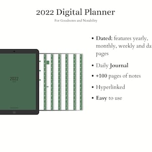 2022 Digital Planner Green Dated Notes Hyperlinked Planner Vertical iPad Planner Goodnotes Notability