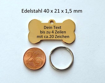 Dog tag, bone, polished, stainless steel, stable, durable, key chain, ID tag, incl. engraving