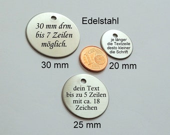 Edelstahl Marke rund, 30/25/20 mm, stabil, haltbar, Schlüsselanhänger, Hund, Pferd, Welpe, Katze, Tiermarke, ID Tag,  inkl. Gravur