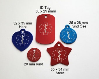 2 x medische ID-tag, hanger, sleutelhanger, hondentag inclusief gravure, noodgeval, SOS, 1e hulp