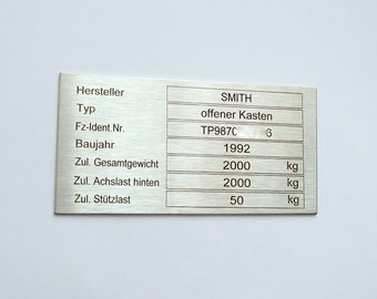 Anhänger Typenschild Edelstahl mit ihren Daten 100 x 50 mm PKW, Wohnmobil,  KFZ,  Maschinen, LKW, alle Hersteller und Fahrzeuge