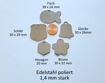 Edelstahl poliert, Hundemarke, versch. Formen, stabil, haltbar, Schlüsselanhänger, ID Tag,  inkl. Gravur