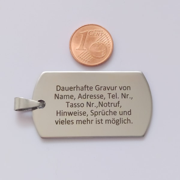 Dogtag Hundemarke Edelstahl, stabil, haltbar, 40 x 24 mm, ID Tag,  inkl. Gravur