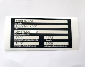 LKW Aufkleber Universal Typenschild mit deinen Daten graviert, PKW, Wohnmobil,  KFZ,  Maschinen, Auto, alle Hersteller und Fahrzeuge