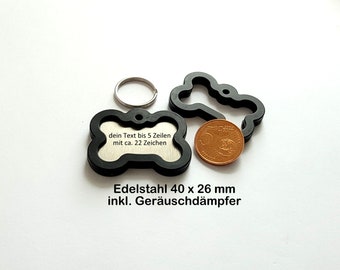 2 x Edelstahl Hundemarke Knochen + Geräuschdämpfer + Karabiner + Gravur, stabil, haltbar, Adressanhänger, ID Tag, Tiermarke