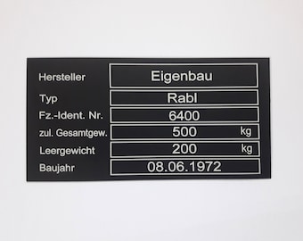 Maschinen Typenschild mit ihren Daten 100 x 50 mm für diverse, Kran, Aufzug, Beiwagen, Anhänger, Wohnwagen, KFZ etc.