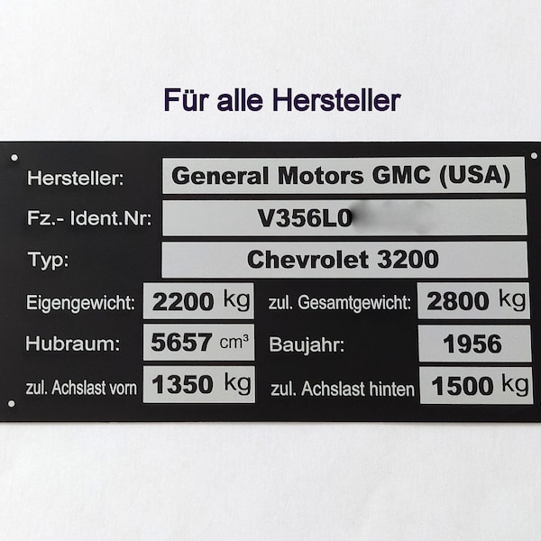 Universal Typenschild mit ihren Daten, Alu 100 x 50 mm, PKW, Wohnmobil,  KFZ,  Maschinen, LKW, alle Hersteller und Fahrzeuge