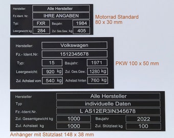 Aluminium naamplaatje met TÜV-relevante gegevens voor aanhangwagens, auto's, motorfietsen, scooters, quads, auto's, vrachtwagens, allerlei soorten voertuigen, zelfklevend