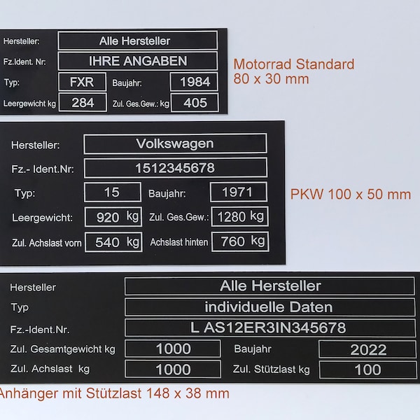 Alu Typenschild mit TÜV relevanten Daten für Anhänger, PKW, Motorrad, Roller, Quad, KfZ, LKW, Fz. aller Art, selbstklebend