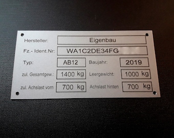 PKW Typenschild Alu mit ihren Daten 100 x 50 mm, LKW, Wohnmobil, Traktor,  KFZ,  Maschinen