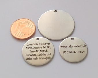 Stainless steel dog tag round, stable, durable, key ring, ID tag, incl. engraving