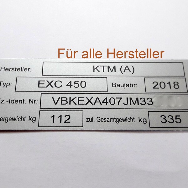 Typenschild mit ihren TÜV relevanten Daten 80 x 30 mm für Motorrad, Beiwagen, Quad, Roller,  KFZ, Maschinen