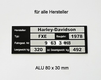 Motorrad Typenschild, ALU mit ihren Daten 80 x 30 mm für Quad, Roller,  KFZ, Elektrofahrzeuge, Maschinen etc.