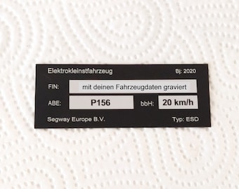 E- Scooter Typenschild mit ihren Daten, Alu 80 x 30 mm für Scooter (D), E- Roller,  Elektrofahrzeuge für Strassenzulassung