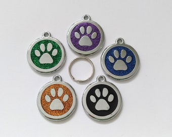 Dog tag paw glitter, 30 mm, stable, durable, animal tag, ID tag, including engraving, metal,