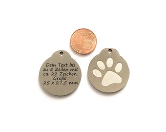 Hundemarke Edelstahl 25 mm mit Pfote, Schlüsselanhänger, ID Tag,  personalisiert