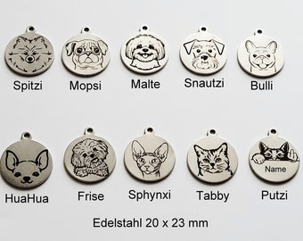 Mini stainless steel tag dog and cat 20 mm, stable, durable, key ring including engraving