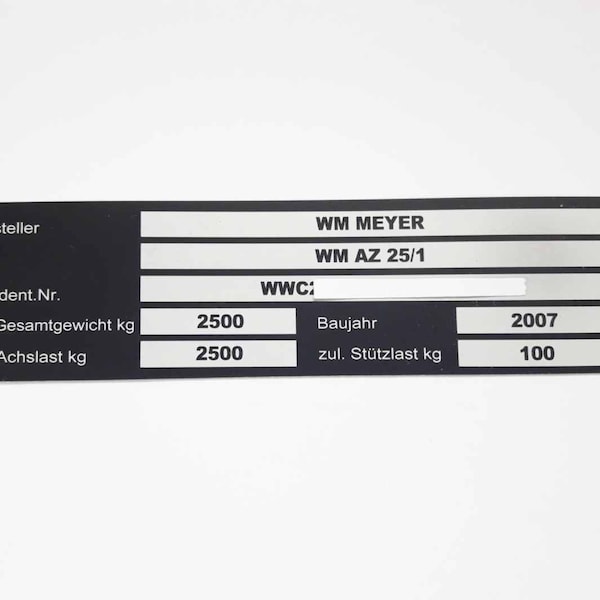 Typenschild mit ihren Daten Anhänger, 1,2,od. 3 Achsen, Wohnwagen, Transporter, PKW, Trailer