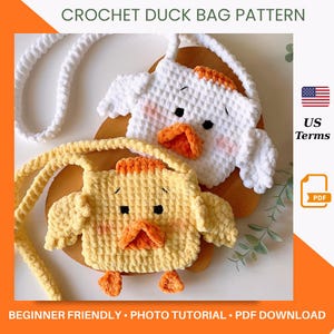 May include: Two crochet duck-shaped bags, one white and one yellow, with orange beaks and accents. The bags have straps and are displayed on a wooden surface. The text "CROCHET DUCK BAG PATTERN" is at the top.