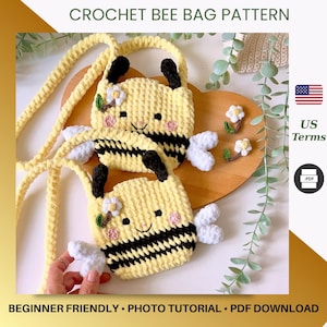 May include: Crochet bee bag pattern. The image shows two yellow crochet bee bags with black stripes, black antennae, and white wings. The bags have long yellow straps. The text "CROCHET BEE BAG PATTERN" is at the top. The text "BEGINNER FRIENDLY • PHOTO TUTORIAL • PDF DOWNLOAD" is at the bottom.