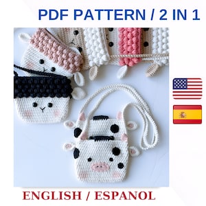 2 in 1 Häkeltasche Muster: Kuh und Lamm Tasche Muster / Häkelanleitung für Kinder / Süße Amigurumi PDF / Crossbody Geldbörse Pattern