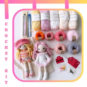 CROCHET KIT Pink Doll with Printed Pattern /  All Costume Materials included / Pink Doll Amigurumi Kit with Tutorials