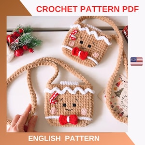 May include: Two crochet gingerbread man purses with red bow ties and white icing details. The purses have long straps and are displayed on a white surface. The text "CROCHET PATTERN PDF" and "ENGLISH PATTERN" are visible.