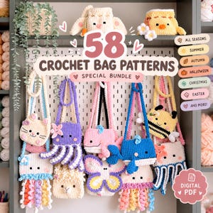 Puede incluir: Una colección de 58 patrones de bolsos de ganchillo en un paquete PDF digital, con varios bolsos de peluche con temas de animales como pulpo, ballena, mariposa y abeja, exhibidos en un tablero perforado blanco con etiquetas estacionales.
