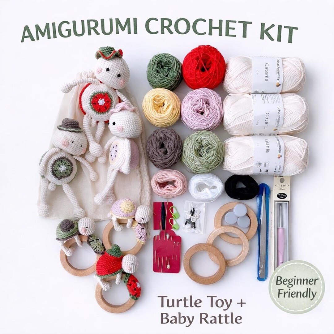 Amigurumi Turtle Crochet Kit – Toby Turtle & Baby Rattle DIY Set ...