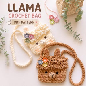 May include: Two crochet llama bags, one cream and one brown, with floral accents. The bags have long straps and are labeled "LLAMA CROCHET BAG PDF PATTERN". The llama faces have embroidered details.