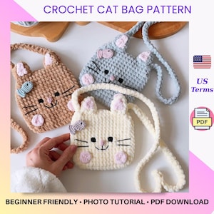 May include: Three crochet cat bags in beige, gray, and tan, each with a cat face design and a strap. The bags have pink accents and small bows. The image includes the text "CROCHET CAT BAG PATTERN", "BEGINNER FRIENDLY", "PHOTO TUTORIAL", and "PDF DOWNLOAD".