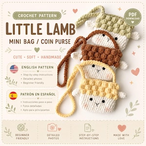 May include: A digital PDF crochet pattern for a Little Lamb mini bag or coin purse. The image displays three small, handmade bags in sage green, brown, and yellow, each featuring a lamb face, bobble stitch texture, and a matching yarn strap.