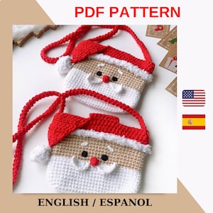 Könnte beinhalten: Zwei gehäkelte Taschen im Santa-Claus-Design mit roten und weißen Bändern. Die Taschen sind aus beigefarbenem, weißem und rotem Garn gefertigt. Die Taschen haben ein gehäkeltes Santa-Claus-Gesicht mit schwarzen Augen, einer roten Nase und einem weißen Bart.