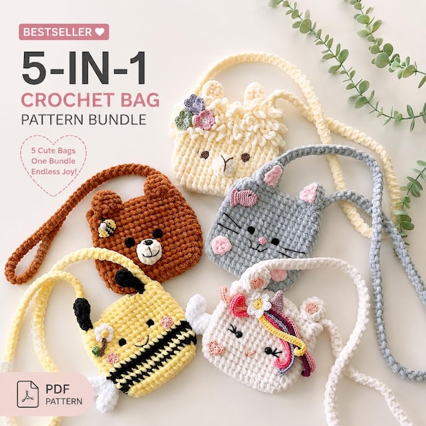 Crochet Bag Patterns, Bear Bee Cat Llama Unicorn Purse, Kids Crossbody Bag PDF Bundle
