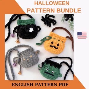 May include: Four crocheted Halloween-themed drawstring bags with different designs: a cauldron, a pumpkin, a cat, and a monster. Each bag has a shoulder strap and is made with a soft, fuzzy yarn. The bags are displayed on a white surface with green foliage and a spider in the background. The text "HALLOWEEN PATTERN BUNDLE" and "ENGLISH PATTERN PDF" is displayed at the top and bottom of the image, respectively.