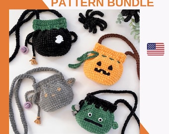 May include: Four crocheted Halloween-themed drawstring bags with different designs: a cauldron, a pumpkin, a cat, and a monster. Each bag has a shoulder strap and is made with a soft, fuzzy yarn. The bags are displayed on a white surface with green foliage and a spider in the background. The text "HALLOWEEN PATTERN BUNDLE" and "ENGLISH PATTERN PDF" is displayed at the top and bottom of the image, respectively.