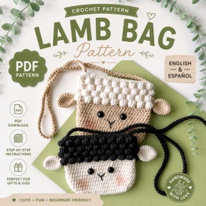 Patrón PDF para bolso de cordero a crochet, tutorial de amigurumi de oveja a crochet, bolso bandolera para niños (inglés/español)
