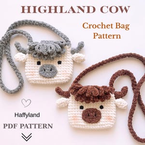 May include: Two crochet Highland cow bags with long straps. One bag is gray and white, the other is brown and white. The bags have small horns and a fluffy top. Text on the image says "HIGHLAND COW Crochet Bag Pattern" and "Haffyland PDF PATTERN".