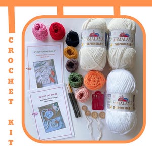 Häkeln KIT / Kindertasche Häkeln Kit mit Anleitungen / Weiche Katze Tasche und weiche Häschen Tasche mit gedrucktem Muster / DIY Kit Umweltfreundliches Geschenk