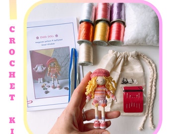 KIT CROCHET Poupée rose miniature avec motif imprimé / Kit poupée amigurumi miniature rose avec tutoriels