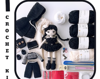 CROCHET KIT Black Doll with Printed Pattern / Amigurumi Doll Diy Kit with Tutorial Pattern / All Costume Materials included