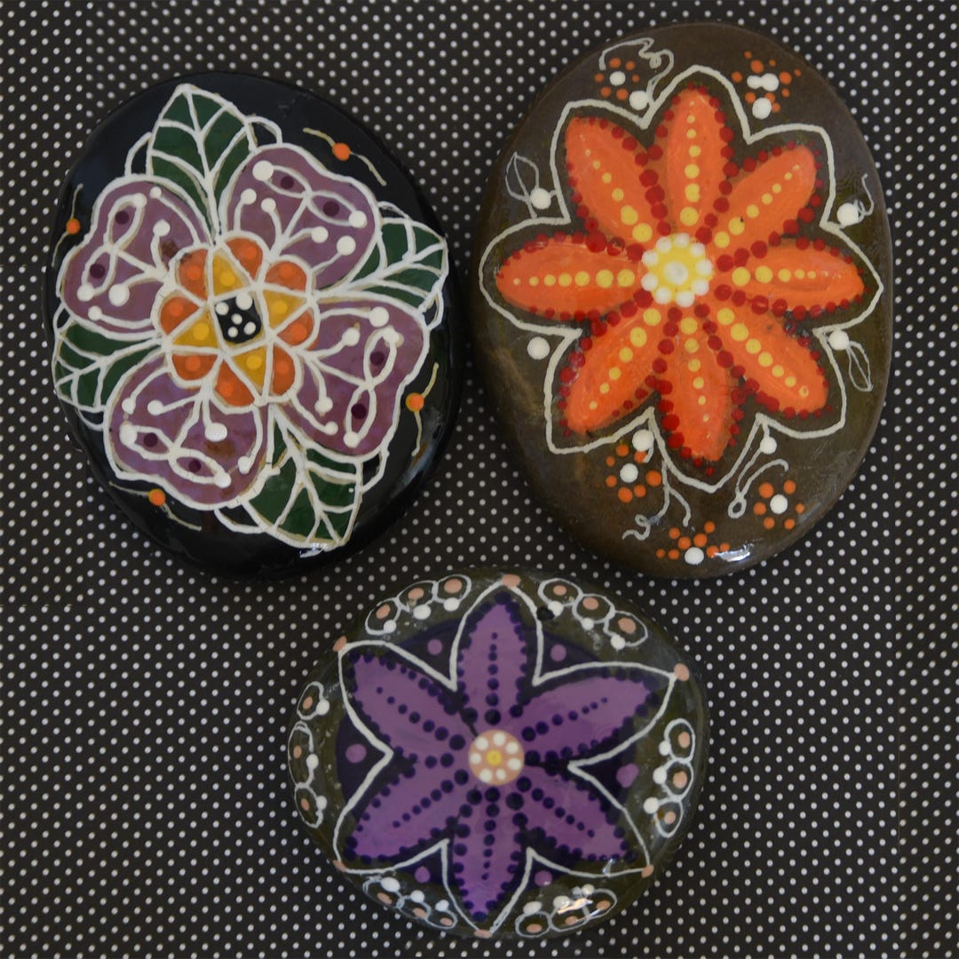Painted Rocks Floral Patterns Hand-painted Rocks in Distinctive Floral Patterns. Set of 3. - Etsy