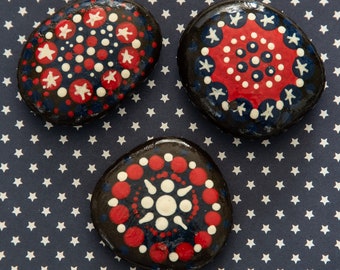 HOORAY! for the Red, White, and Blue! Set of 3 patriotic hand-painted rocks. Use them as Kindness rocks or decoration for July 4th holiday.