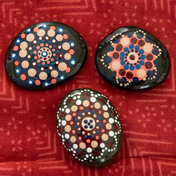 DELIGHTFUL dotted rocks! Set of 3 medium-sized, flat, hand-painted rocks In lovely mandala dot patterns. Free shipping!