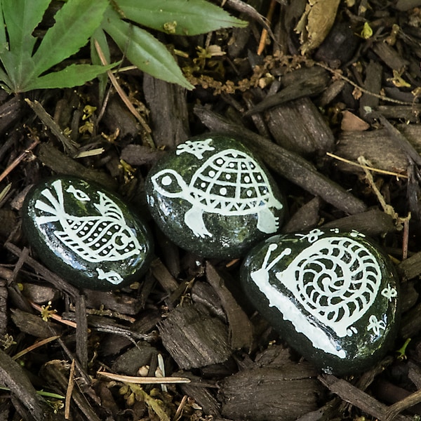 Snail, Turtle, and Fish. Painted river rocks. Set of 3 hand-painted, white on black, small river rocks. Free shipping.