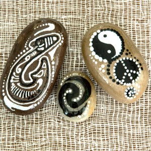 Hand-Painted River Rocks: Symbols of Peace, Yin-Yang, Maui Hook. Set of 3