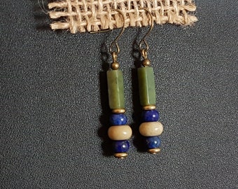 Lapis Lazuli Ohrringe, Bild Jaspis Ohrringe, Jade Ohrringe, antike Bronze Boho Ohrringe, inspiriert von altägyptischen Schmuck