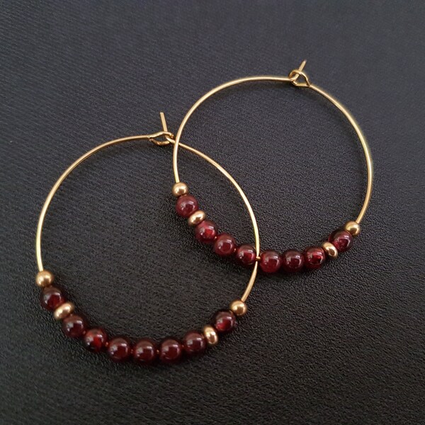 Garnet Hoop Earrings, Brass Earrings, Hoop Earrings, Boho Earrings, Garnet Jewellery, Brass Jewellery, Brass Hoop Earrings