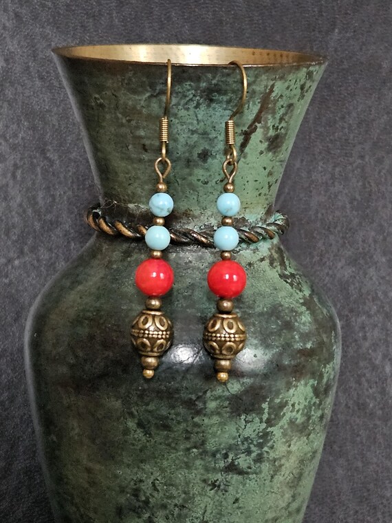 Boucles D'oreilles Bronze Et Corail Multicolore - Occasion, Clips, Fabrication Française